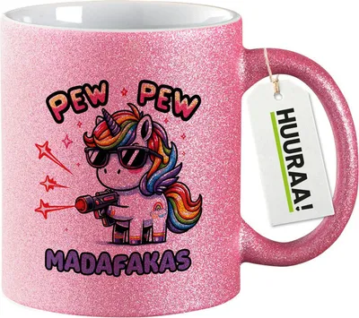 Produktbild von Huuraa Glitzertasse Pew Pew cooles Einhorn 330ml Pink Keramik Kaffeebecher Geschenkidee