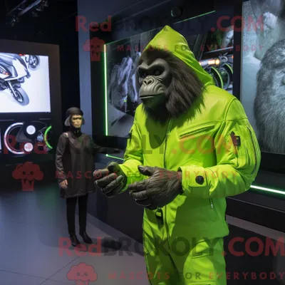 Productafbeelding van Mascottekarakter REDBROKOLY van een limoengroene gorilla gekleed met een motorjack en smartwatches