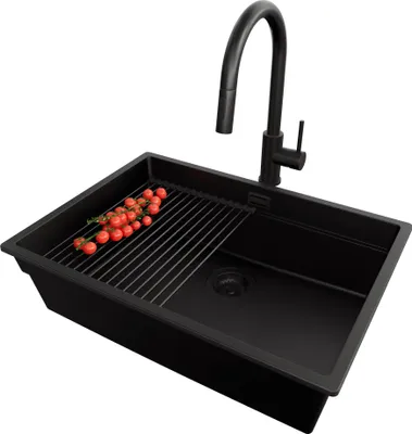 Produktbild von PRIMAGRAN Granitspüle Alles Schwarz 66x47cm, Spülbecken 1 Becken + Ablauf-Set + Küchenzubehörset, Küchenspüle ab 70er Unterschrank - Praga Slim