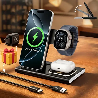 Produktbild von 2026 Ladestation Ladegerät Apple Samsung, 4 in 1 25W Induktive MagSafe Wireless Charger,25W Wireless Charger,Qi 2.0 Schnellladung