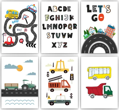 Produktbild von Kinderposter 6er Set ABC Auto Fahrzeuge Lernposter Alphabet | Kinderzimmer Wandbilder Kindergarten Grundschule Kinder Lernhilfe Poster – DIN A3 (29.7x42cm)