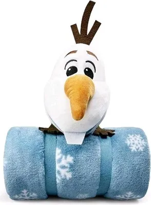 A plush Olaf toy is wrapped around a rolled-up blue blanket with snowflakes.