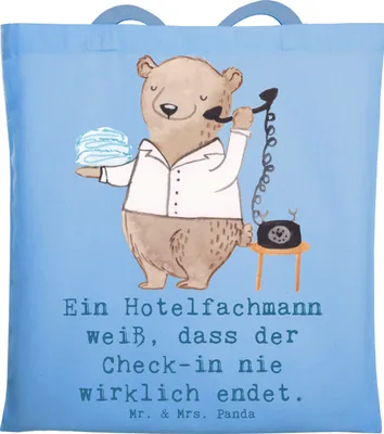 Produktbild von Mr. & Mrs. Panda Einkaufstasche Hotelfachmann Lebensweisheit - Sky Blue - Geschenk, Berufsalltag, Verwaltung, Tasche, Shopping, personalisierte Geschenke, Rezeption
