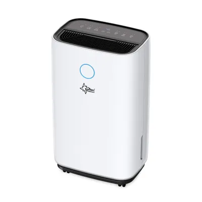 A studio shot of a white dehumidifier with a black top grille and control panel.