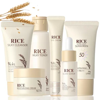 Produktbild von 6 Stück Reis Korean Skincare Set, Reis Gesichtspflege Set Damen mit Cleanser, Toner, Serum, Gesichtscreme, Augencreme & Sonnencreme