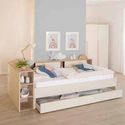 Produktbild von roba Kinderbett 'Elis' 90x200 cm - Systemmöbel-Bett mit Regalen & Schubladen - Jugendbett - Flexibel aufbaubar & kombinierbar - Inkl. Kopf- & Seitenregal - Cashmere / Virginia Chestnut