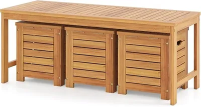 Imagen del producto de Banco de jardín de madera con 3 cajas de almacenamiento, banco de madera resistente a la intemperie