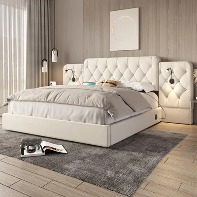 Produktbild von Polsterbett 180x200 cm Samt-Bettgestell mit Kopfteil Leseleuchte USB Stauraum Hydraulisch Beige Ohne Matratze