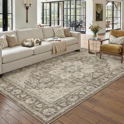 Obrázek produktu pro Koberec do obývacího pokoje, hnědý, 160x230 cm, vintage styl, omyvatelný, protiskluzový, krátký vlas, obdélníkový
