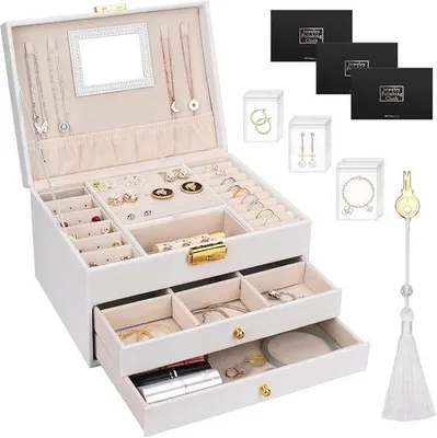 Produktbild von Famanu Schmuckkästchen mit 3 Ebenen und 2 Schubladen - für Ketten, Ohrringe, Armbänder und Ringe