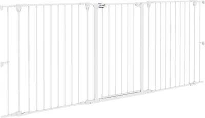 Produktbild von PawHut Stahl-Hundebarriere, 3-teiliger, faltbarer Haustierzaun mit Doppelverriegelung und zusätzlicher Verriegelungsfunktion für Tür, Flur, Treppe, 206 x 90 cm, Weiß