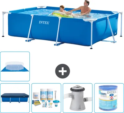 Produktbild von Intex-Schwimmbecken mit rechteckigem Rahmen – 260 x 160 x 65 cm – Blau – im Lieferumfang enthalten Abdeckung - Wartungspaket - Filterpumpe für Schwimmbad - Filter - Bodenplane
