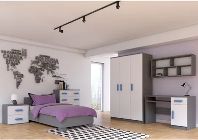 Produktbild von Kinderzimmer-Set Bett Schrank Wandregal Kommode Schreibtisch Nachttisch Grau/Weiß mit blauen Griffen und Matratze Jonas IV 02 M