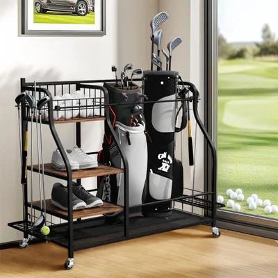 Image de WISFOR Organisateur de sacs de golf, Organisateur de golf avec roulettes/crochets, Set de golf Etagère de rangement pour 2 sacs de golf, avec étagères, 95x40x92cm