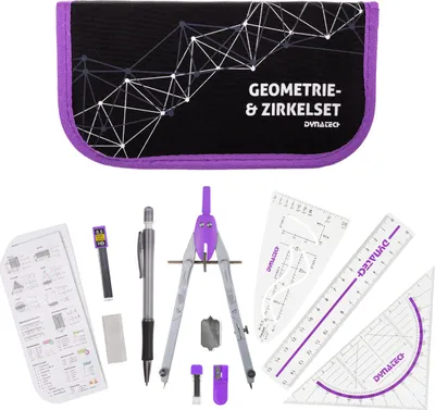 Produktbild von DynaTech Geometrie- und Zirkelset (13-teilig) Etui mit Reißverschluss in violett