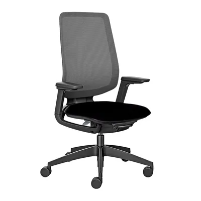 A black and gray office chair is shown against a white background.