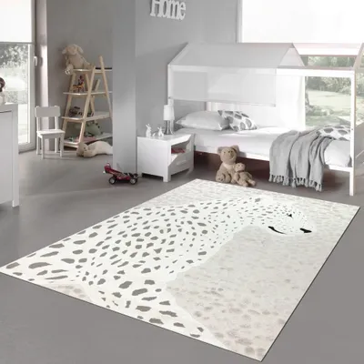 Produktbild von Kinderzimmer Teppich Weich Leopard 3d-effekt Allergiker geeignet in creme grau Größe - 160 x 230 cm
