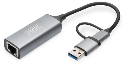 Zdjęcie produktu dla Digitus Adapter USB Type-CTM na Gigabit Ethernet 2,5G, USB-CTM+ USB A (USB 3.1/3.0), USB-C USB 3.1, RJ-45, Szary