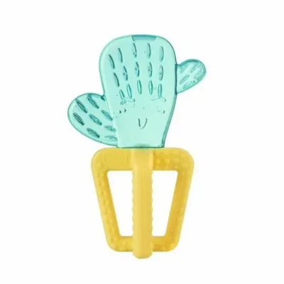 A teal cactus-shaped teether with a yellow base, isolated on a white background.