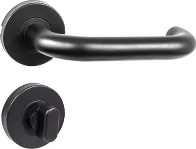 Produktbild von DOMINO Türgriff | WC-Bad Set |  Drückergarnitur für Zimmertüren Türdrücker-Set | Rosetten-Garnitur Türbeschläge | Runde Rosette | Znal | UNO-R BLACK |