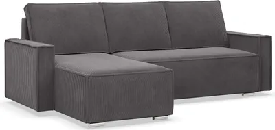 A dark gray sectional sofa with a chaise lounge is shown against a white background.