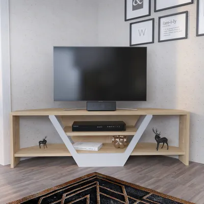 A corner TV stand with a television and media console on it, in a living room setting.