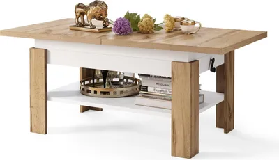 Produktbild von All4All Couchtisch Rino , Kaffeetisch , Wohnzimmertisch mit Ablage , Sofatisch , ausziehbar bis 170cm , höhenverstellbar , 130x65cm , 05 , Wotan Eiche + Weiß