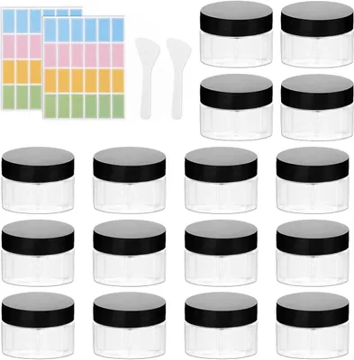 Imagen del producto de Recipientes transparentes para cosméticos con tapa negra, de 50 ml, paquete de 16 unidades, que incluyen espátulas y etiquetas para proyectos de "hazlo tú mismo"