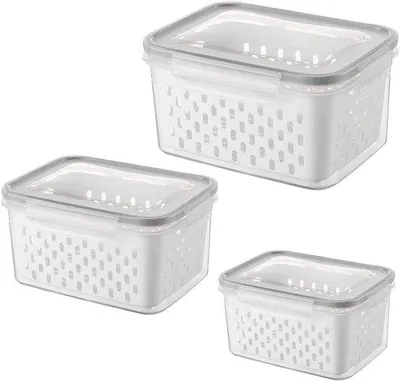 Zdjęcie produktu dla Zestaw pojemników do lodówki składający się z 3 stalowych pojemników z pokrywką i sitkiem, organizer kuchenny do porządkowania lodówki, 3-częściowy (szary)