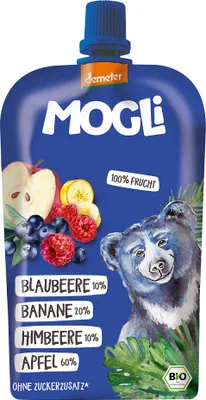 Produktbild von MUS JABŁKO - BANAN - JAGODA BEZ DODATKU CUKRÓW DEMETER  120 g - MOGLI