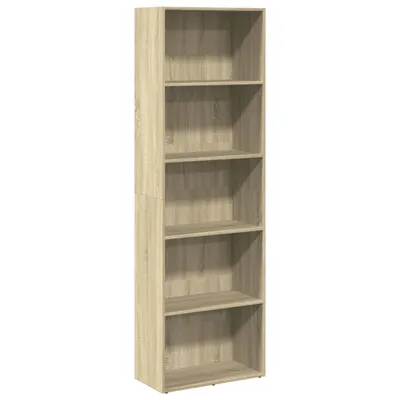 A tall, narrow bookshelf with five shelves, shown against a white background.