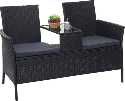 Zdjęcie produktu dla Ławka z rattanu syntetycznego z blatem HWC-E24, ławka ogrodowa, zestaw wypoczynkowy do ogrodu, sofa ogrodowa, 132 cm ~ czarna, poduszki ciemnoszare