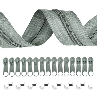 5m Endlos-Reißverschluss 3mm mit 10 Zippern und 15 Endstücke grüngrau