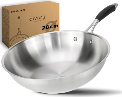 Produktbild von DIVORY Wokpfanne unbeschichtet 28 cm – ohne PTFE, Induktion geeignet, für alle Herdarten & Gasherd, große Pfanne aus Edelstahl, spülmaschinengeeignet