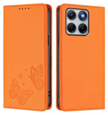 Produktbild von Lederhülle für Motorola Edge 70 Fusion, Schmetterling Prägung Leder Brieftasche Schutzhülle mit Ständer Orange