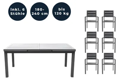 Produktbild von HOME DELUXE - Gartentisch ausziehbar - CALIDO - ca. 180 (240) x 97,5 x 76,5 cm - inkl. 6 Stühlen, Gestell Aluminium, Tischplatte Glas - inkl. Zubehör I Gartenmöbel Ausziehtisch Balkonset