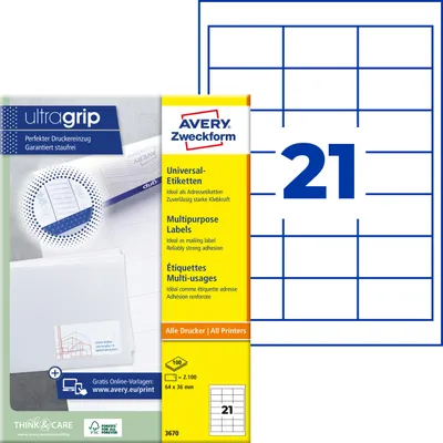 Produktbild von Avery Zweckform 3670, Universal-Etiketten, A4, Qualitätsdruck mit: ultragrip, 64 x 36 mm, 2.100 Etiketten / 100 Bögen, weiß