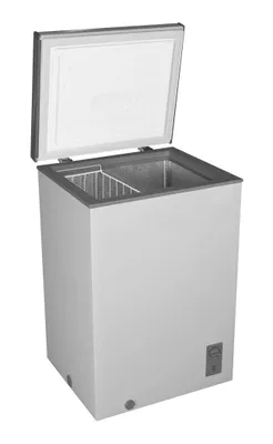 A white chest freezer with its lid open, shown against a white background.