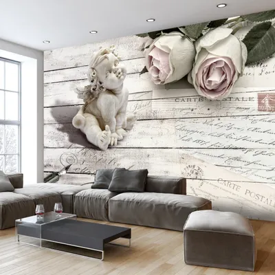 Immagine prodotto di Carta da parati autoadesiva con motivo di angeli, fiori, rose e legno, dimensioni 392x280 cm – Carta da parati autoadesiva, pellicola adesiva per mobili, carta da parati per la camera da letto, modello f-A-0342-a-a