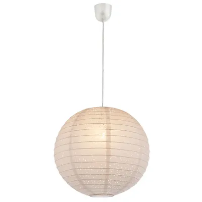 A white, spherical paper lantern with horizontal lines and small perforations, suspended by a thin cord from a white ceiling fixture.