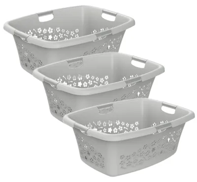 Produktbild von Rotho 3er-Set Wäschekorb 50L Flowers - Wäschesammler groß - Wäsche Korb 65,1 x 48,6 x 26,2 cm - Wäschebox - Aufbewahrungskorb Wäschebehälter