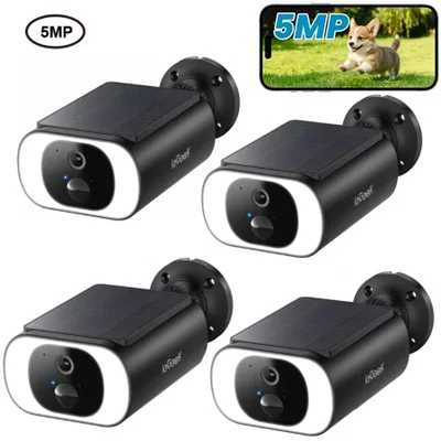 Image de Caméra de surveillance d'extérieur ieGeek 5 MP, alimentation solaire, détection de mouvement PIR, vision nocturne couleur, audio bidirectionnel, étanche, compatible avec Alexa, lot de 4