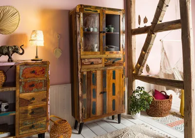 Produktbild von MASSIVMOEBEL24 Vitrine Altholz 90x35x200 mehrfarbig lackiert SIXTIES #113