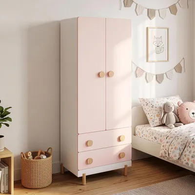 Image de Armoire pour enfants "Vaarentaa" avec 2 portes, 2 tiroirs, dimensions 156 x 60 x 41 cm, couleur blanc / rose pastel