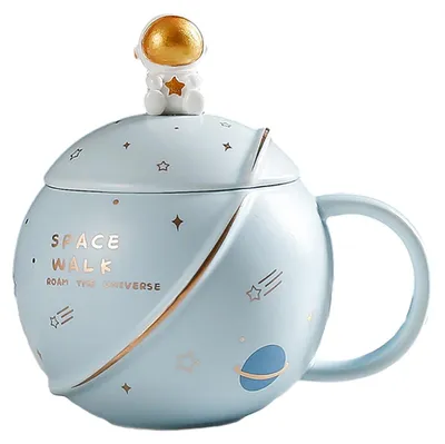 Produktbild von Astronaut Keramik Tasse mit Deckel und Löffel, 400ml Becher für Heißgetränke, spülmaschinenfest und sicher
