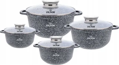 A set of four granite-coated pots with glass lids, arranged in a group on a white background.
