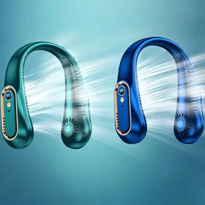 Produktbild von 2 Stück Tragbarer Nackenventilator, Flügelloser Ventilator mit 4000mAh,5 Geschwindigkeiten, Digitalanzeige,4‑Kanal Nackenventilator, Grün+Blau