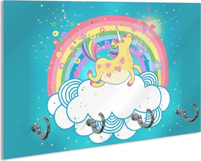 Produktbild von Wallario Schlüsselbrett aus Glas, Motiv: Lustiges Einhorn auf einer Wolke vor Regenbogen, 30 x 20 cm mit 4 Haken
