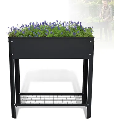 Produktbild von LZQ Hochbeet aus Metall 80x35x80 cm, erhöhtes Gartenbeet aus verzinktem Stahl für Kräuter & Gemüse, mit Ablageboden & Haken, wetterfest für Balkon, Terrasse & Garten, Schwarz