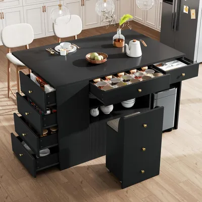 Immagine prodotto di Isola da cucina e piano di lavoro con sgabelli da bar, pensile da cucina con 6 cassetti e sgabelli, larghezza regolabile da 140 a 40 (70) x 90,5 cm, colore nero